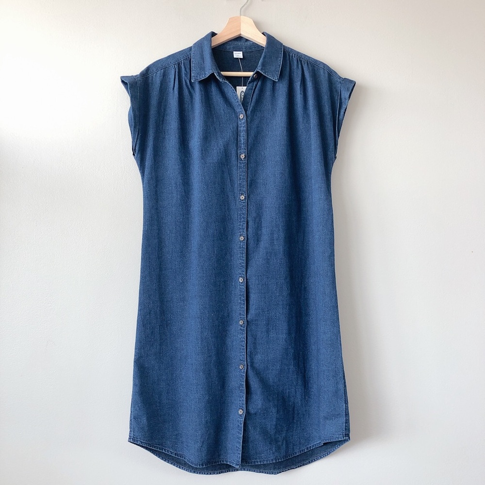 Old Navy Chambray Cap-Sleeve Shirt Dress denin jean lighweight dress dark wash